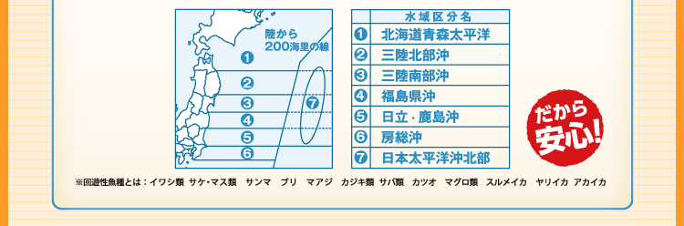 ※回遊性魚種とは：イワシ類  サケ・マス類　サンマ　ブリ　マアジ　カジキ類   サバ類　カツオ　マグロ類　スルメイカ　ヤリイカ   アカイカ　だから安心！