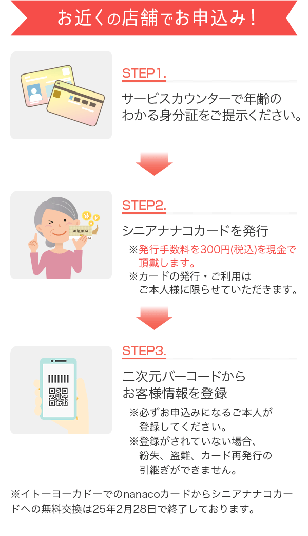 [お近くのイトーヨーカドー店舗でお申込み！]STEP1STEP1.サービスカウンターで年齢のわかる身分証をご提示ください。※発行はご本人様に限らせていただきます。/STEP2.シニアナナコカードを発行※発行手数料を300円(税込)を現金で頂戴します。/STEP3. 二次元バーコードからお客様情報を登録※必ずお申込みになるご本人が登録してください。※登録がされていない場合、紛失、盗難、カード再発行の引継ぎができません。